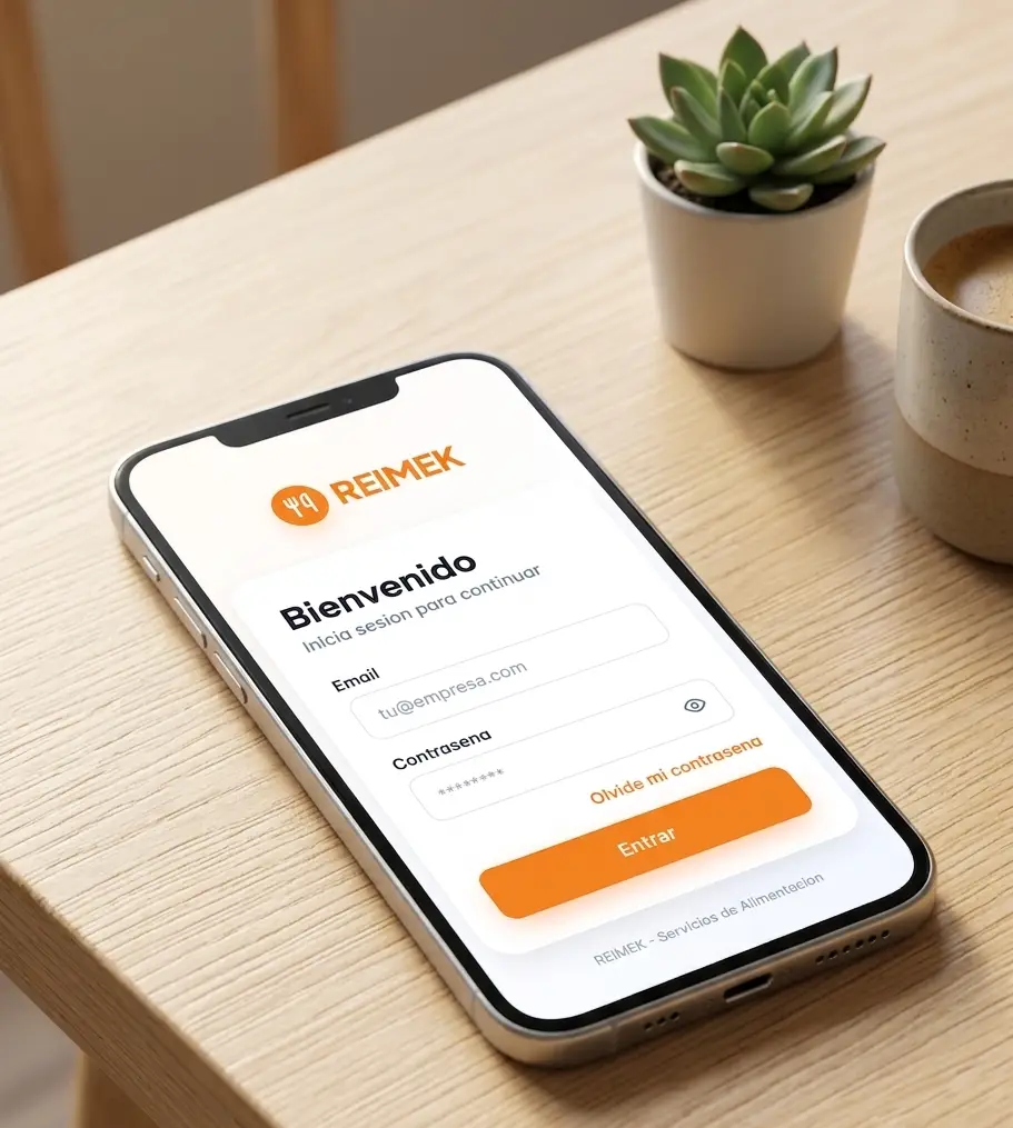 Celular con la app de REIMEK sobre un escritorio, junto a un café y una planta