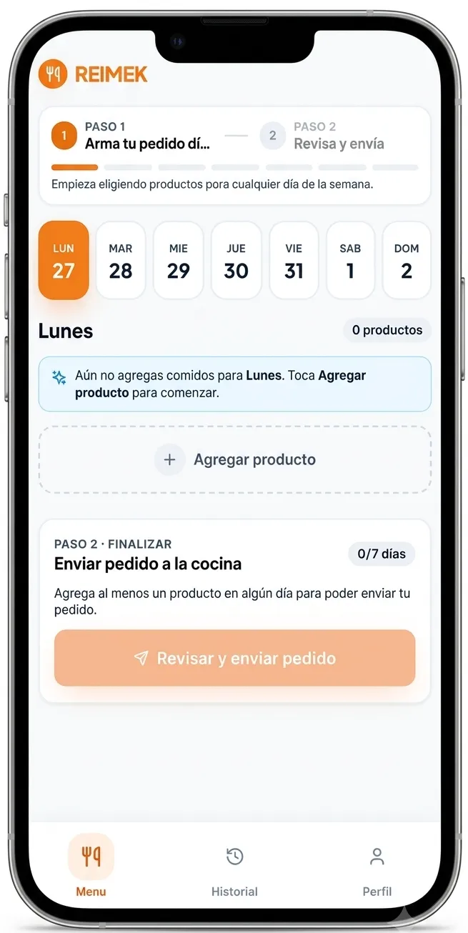 Pantalla de REIMEK donde un colaborador arma su pedido día por día