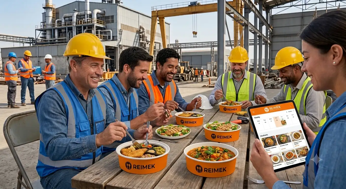 Equipo de trabajadores en terreno almorzando con REIMEK, revisando el menú semanal desde una tablet