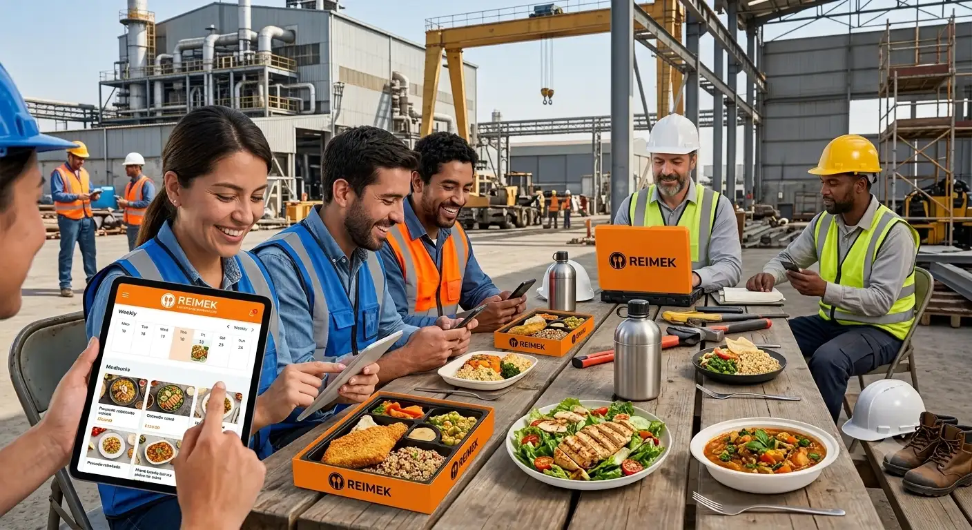 Equipo REIMEK compartiendo un almuerzo en terreno, revisando el menú desde una tablet