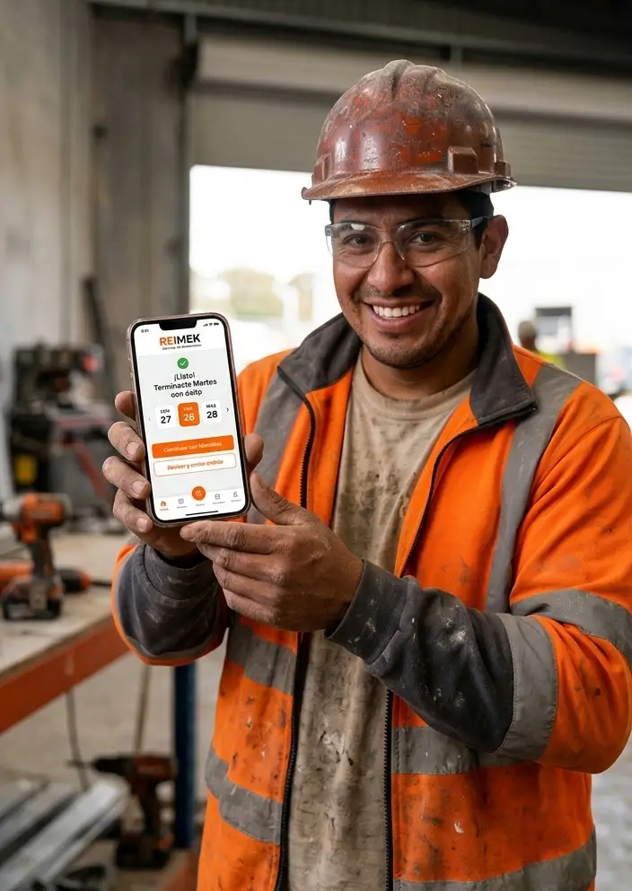 Colaborador en terreno revisando en su celular la confirmación de su pedido semanal en REIMEK
